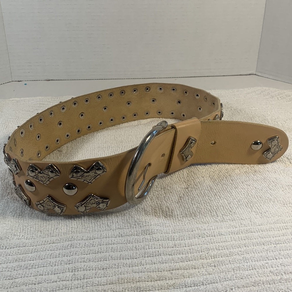 Rare Italian Blonde Leather Raised Silver Studded Accents 2 1/2 “ Buckle Belt
